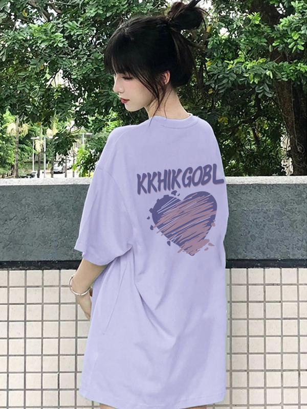 Gentle Style Heart Short-Sleeve T-Shirt for Women, Summer Korean Style ins Design, Niche Loose Half-Sleeve Pure Cotton Purple Top
