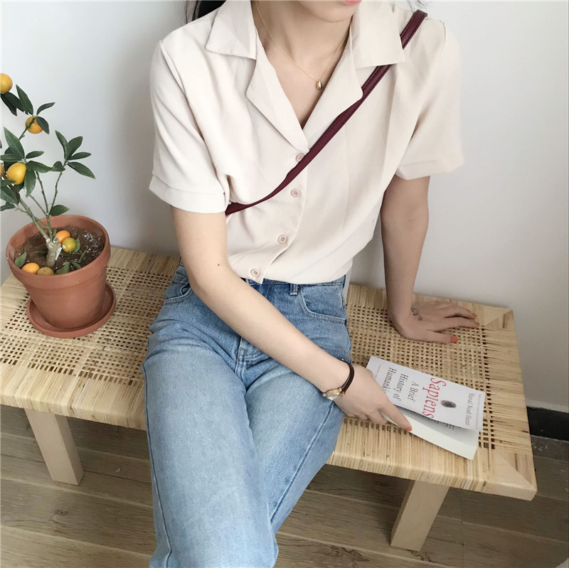 Mùa hè mới của phụ nữ phiên bản Hàn Quốc của bộ đồ thoải mái khí chất hoang dã sang trọng cổ áo sơ mi voan tay ngắn sơ mi cổ trụ