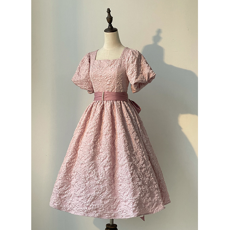 Square Neck Pink OP + Belt (Final)【 Balance 】 ZJ Auxiliary line .Souther   Genuine original Gilding years French relief puff sleeve Dress