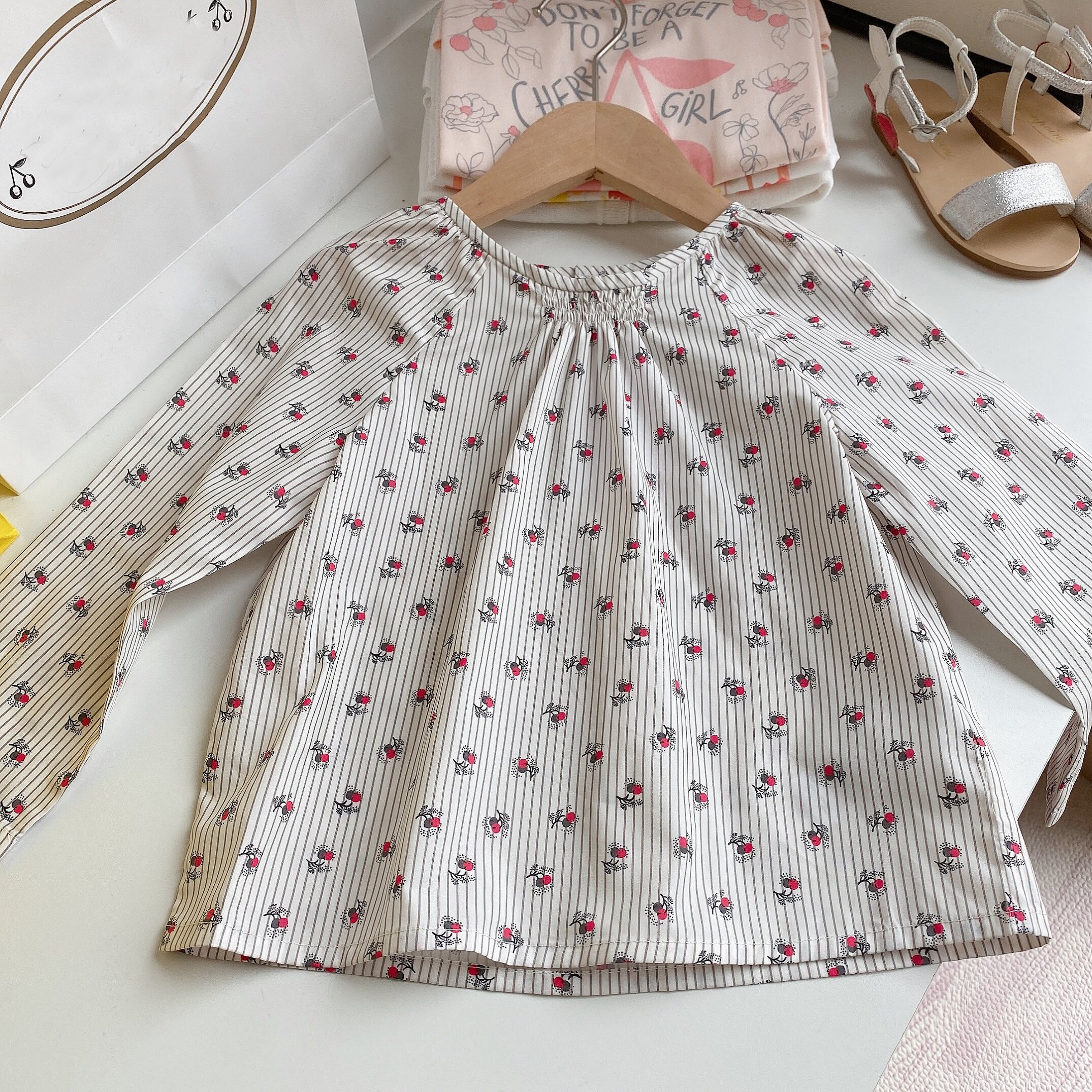 bp same girl vertical stripe small floral long sleeve shirt children Spring Summer cotton shirt 21 new