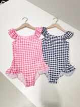 Girl Two Color Plaid One-piece Swimsuit Children Summer Dew Back Swimsuit Lotus Leaf Lace Lace Triangle Swimsuit