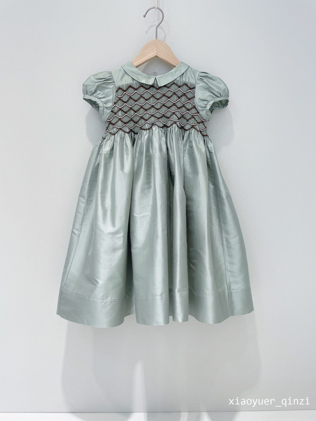 Girls Green Doll Collar Dress Children's Summer Silk Dress Dress Princess Dress