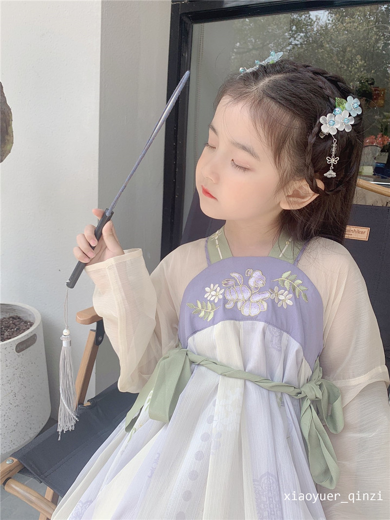 Girls' Qingshui Hibiscus Hanfu Children's Chinese style ancient costumes Long-sleeved flowing gauze skirt Checkered skirt