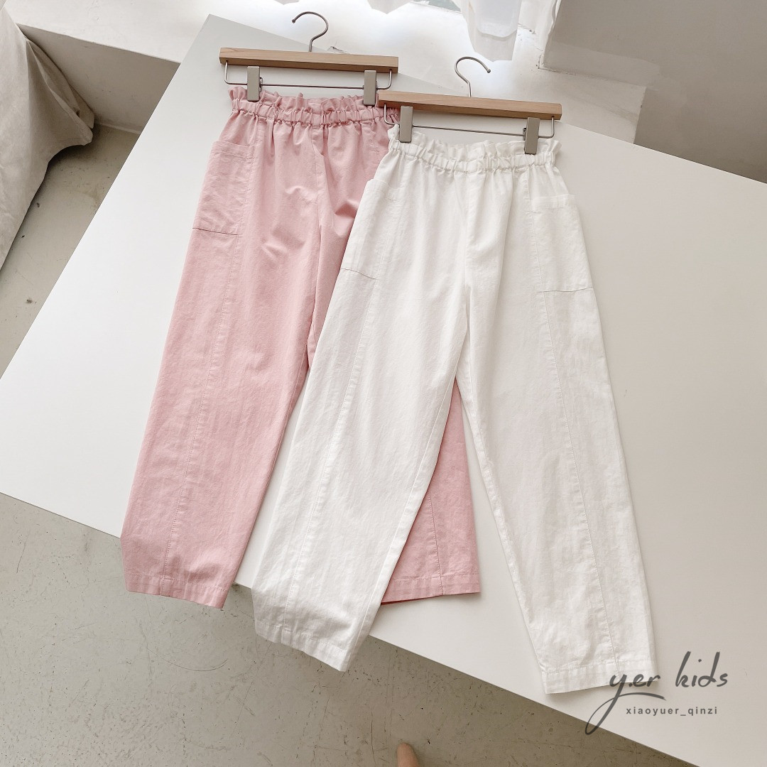 Girls two-color flower bud waist casual pants children's elastic waist pants pure cotton spring and summer thin trousers 2022 new