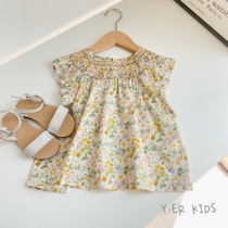 Girls neckline floral tops Childrens pure cotton small fresh shirts Summer short-sleeved thin shirts