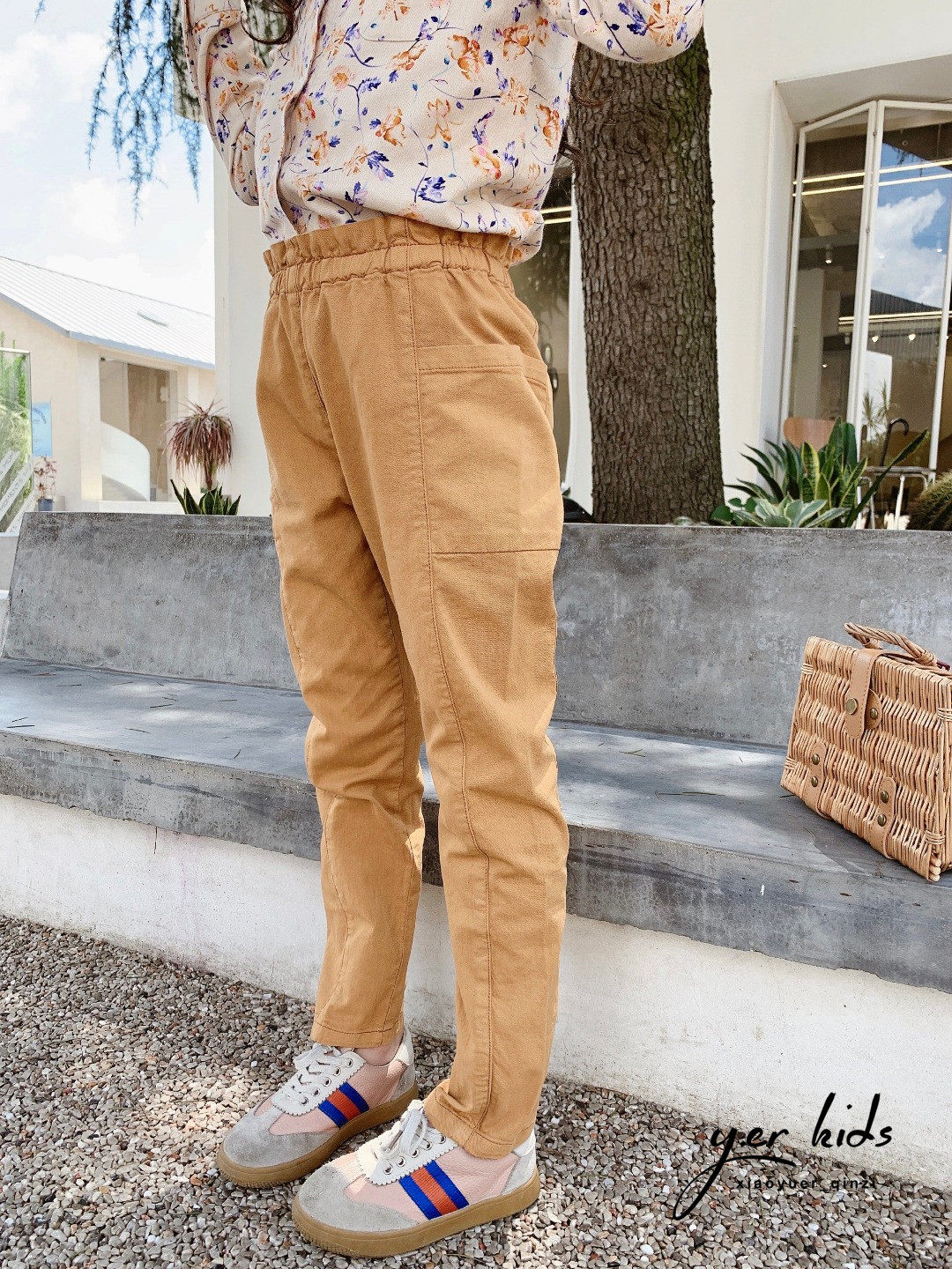 Girl Two Colors Floral Waist Casual Pants Children Pure Cotton Autumn Winter Long Pants 100 Lap Tight Waist Pants