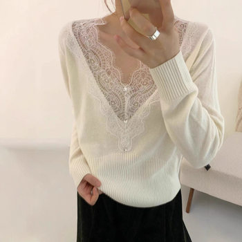 25 new autumn and winter women's woolen sweaters, french high-end lace v-neck wool and bear velvet sweaters