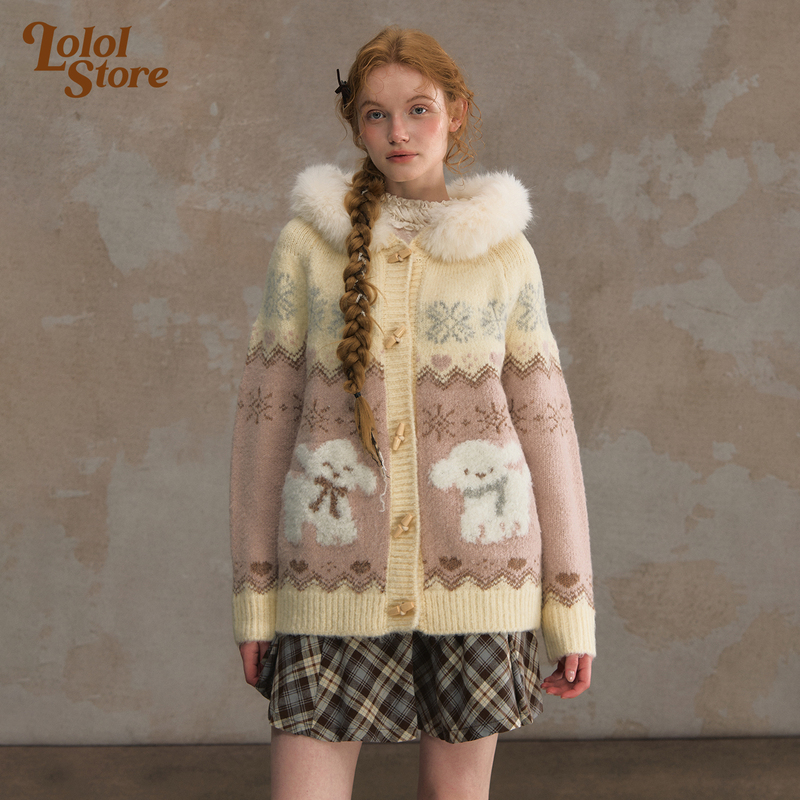 Lolol'Fluffy Lamb' Hooded Fur Collar Sweater for Women, Loose Mohair Soft Knit Cardigan Coat
