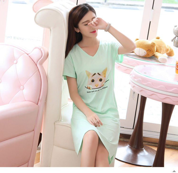 Váy ngủ ngắn tay nữ mùa hè cotton Hàn Quốc dễ thương váy hoạt hình cỡ lớn cổ tròn nữ đồ ngủ cotton dịch vụ tại nhà đầm nữ de thương