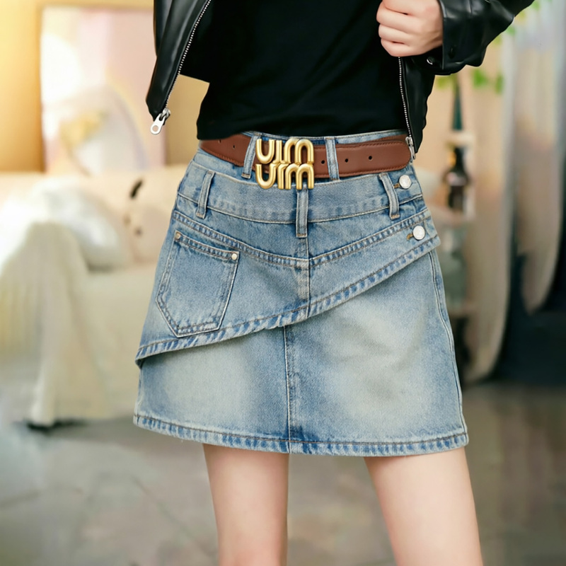 2026 Early Summer New European Style Unique Patchwork Button-Up High-Waisted Versatile Denim A-Line Anti-Exposure Short Skirt
