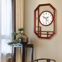 New Chinese style solid wood clock wall clock Living room household fashion Chinese style quartz clock family atmosphere square wall hanging