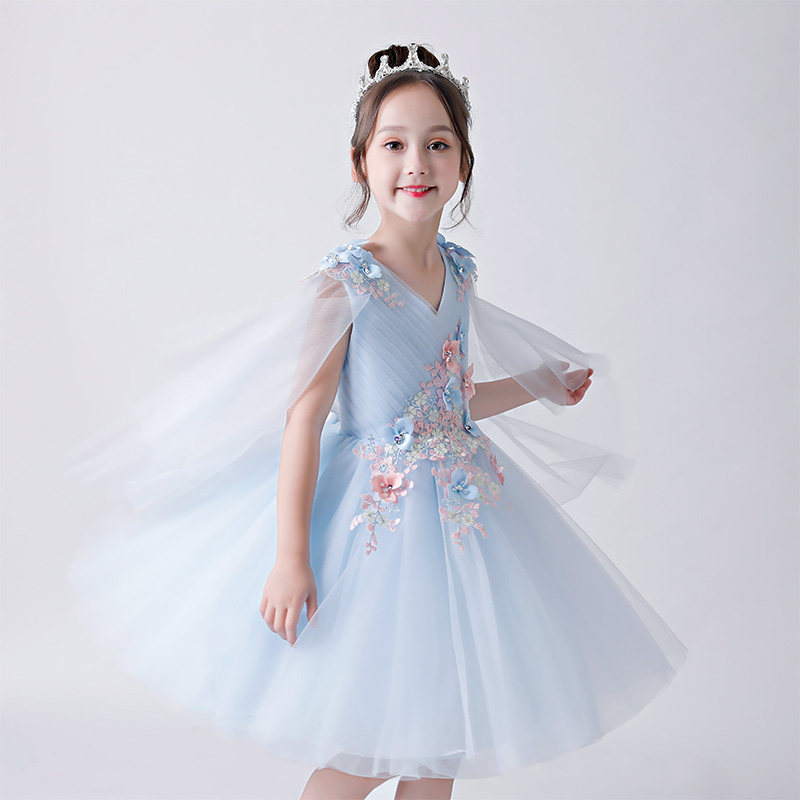 Children's dress girl princess dress flower girl wedding dress blue fluttering sleeve girl piano host catwalk show costume summer
