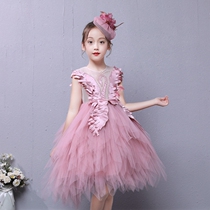 Childrens Dress New Girls Pink Puffy Swan Princess Dress Girl Catwalk Piano Host Performance Costume