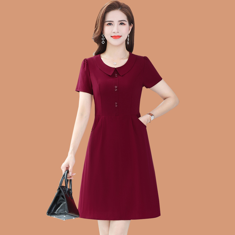 Mom's Short-Sleeved Doll Collar Dress, Petite and Stylish, for 50-Year-Old Middle-Aged and Elderly Women, Summer Thin Solid Color Dress