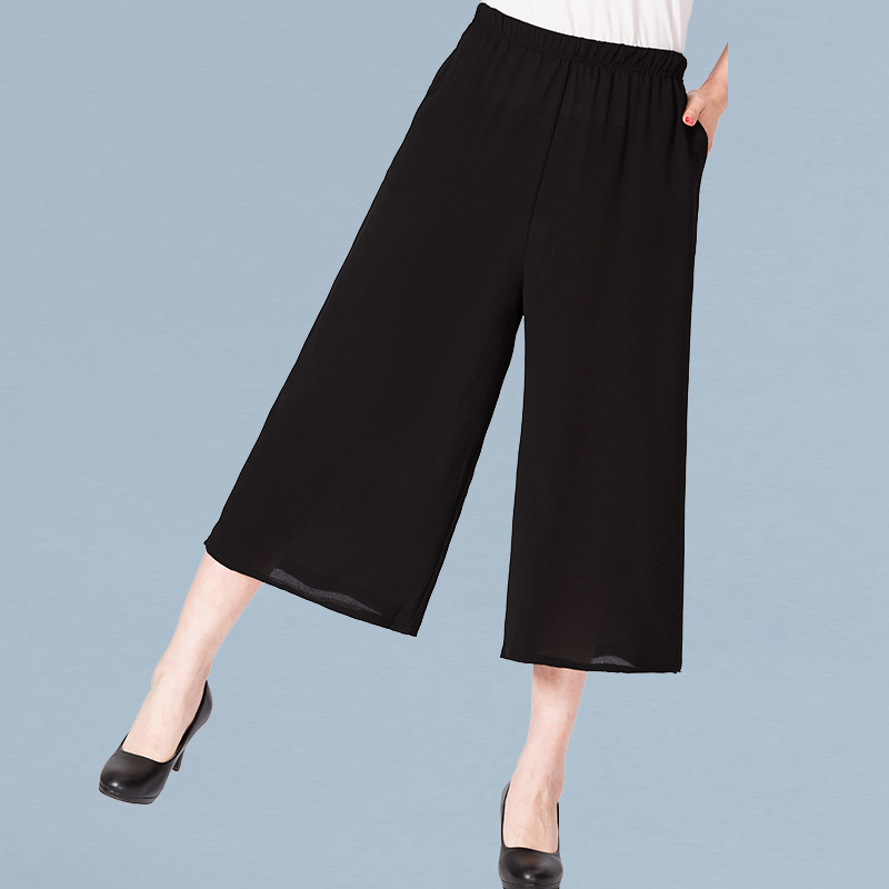 Chiffon Wide-Leg Pants for Women, Drapey Summer New Style, Middle-Aged and Elderly Women's Clothing, Cropped Pants, Thin Straight-Leg Solid Color Pants