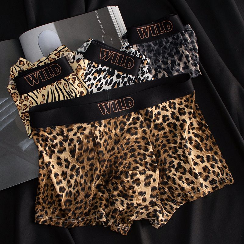 Men's Underwear, Ice Silk Leopard Print Boxer Briefs, Sexy Boxer Briefs, Breathable, Seamless, Summer Thin Style, Low Waist, Trendy and Stylish