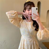 Fall new sweet and gentle wind Amber Crushed Flowers long cashies slim long sleeves Slender Sleeves Dress Women Dress