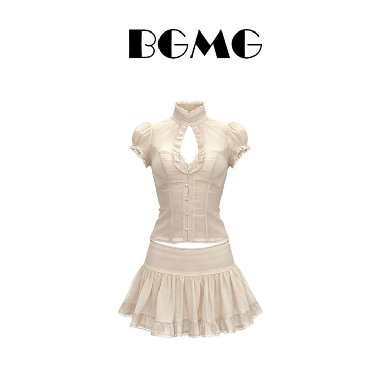 Plus-Size French-Style Pure and Elegant Stand-Up Collar Hollow-Out Slimming Short-Sleeve Shirt with Lace Trim Versatile Skirt Two-Piece Set