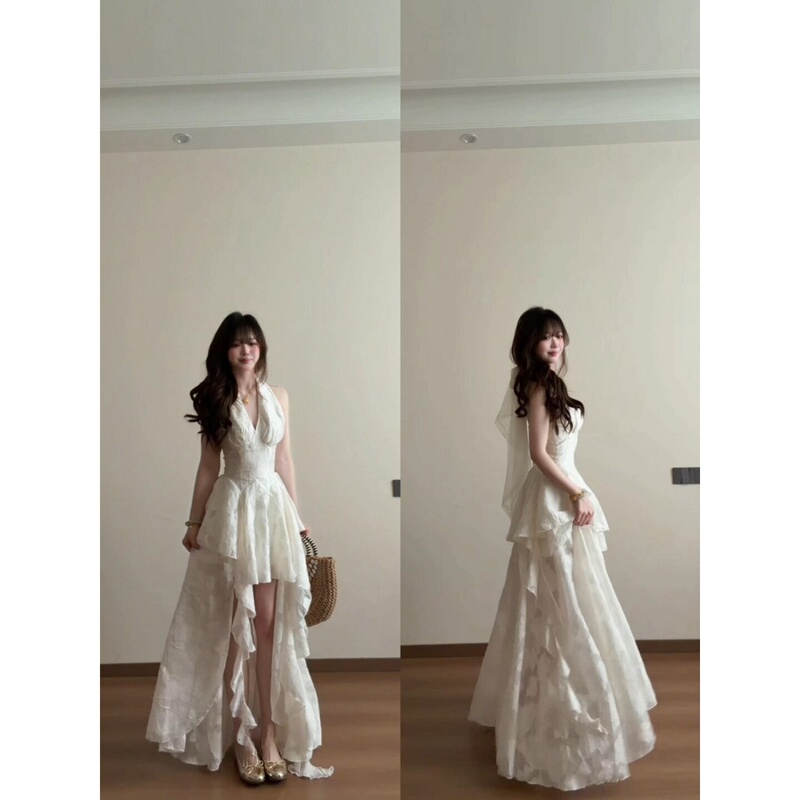 Plus-Size French-Style White Halter Neck Dress for Women, Elegant Waist-Cinching Irregular Hem, Vacation-Style Stunning Long Dress