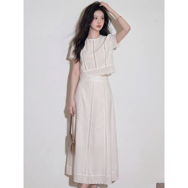 Plus Size Korean Style Pure and Elegant White Top A-Line Long Skirt Summer New Ladylike Casual Suit for Women Plus Size Korean Style Pure and Elegant White Top A-Line Long Skirt Summer New Ladylike Casual Suit for Women