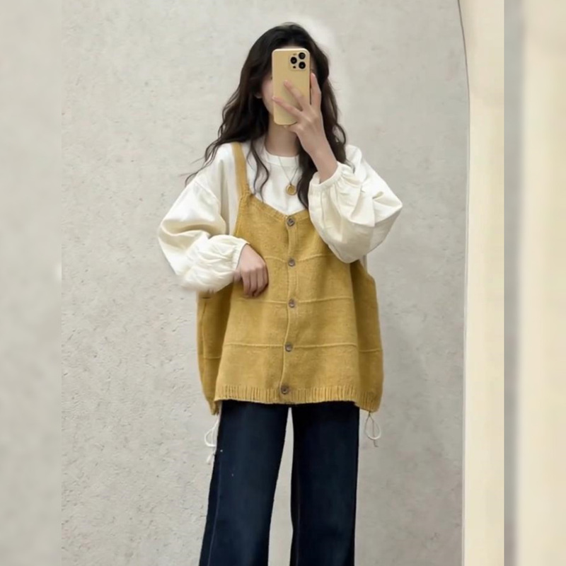 Plus-Size Korean Style Lazy Layered Long-Sleeve Shirt with Knitted Vest for Women, Spring Loose and Age-Reducing Outfit