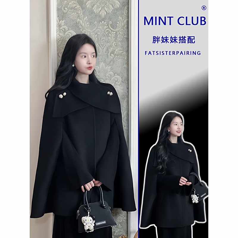 Plus-Size Fat Girl Spring New Korean Style Black Shawl Woolen Coat Thickened Cape Coat Dress Set