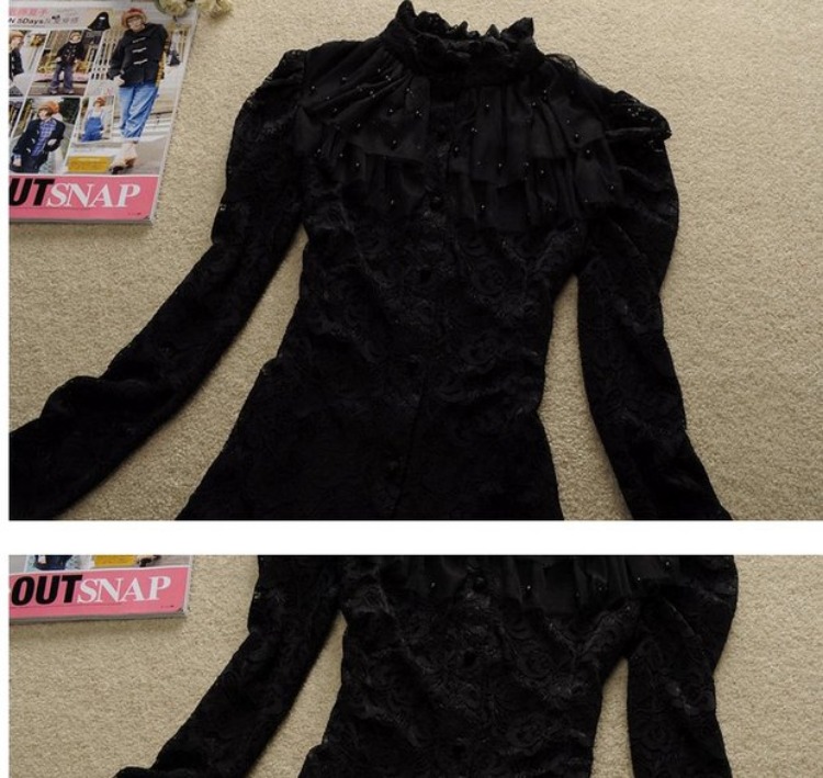 Mùa thu đông mới của phụ nữ Hàn Quốc dài tay áo đứng cổ áo set hạt sen lá voan khâu ren áo sơ mi cardigan áo khoác áo sơ mi màu