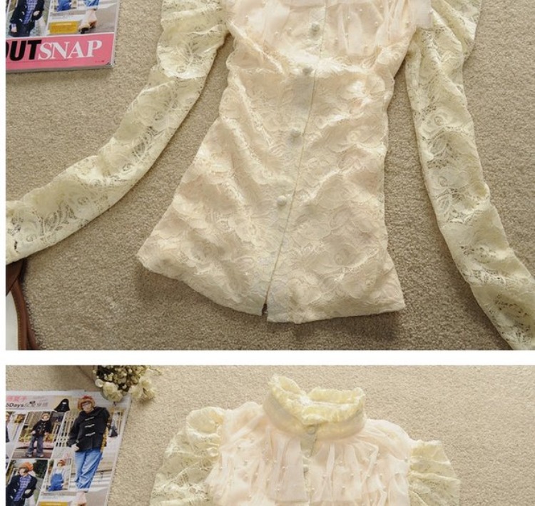Mùa thu đông mới của phụ nữ Hàn Quốc dài tay áo đứng cổ áo set hạt sen lá voan khâu ren áo sơ mi cardigan áo khoác áo sơ mi màu