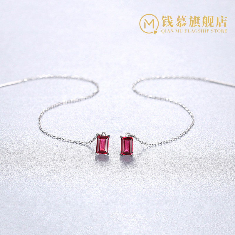 Money mousse S925 pure silver gilded platinum color 80 red gem simulation drill long version of the ear necklace slim 100 hitch pendant woman