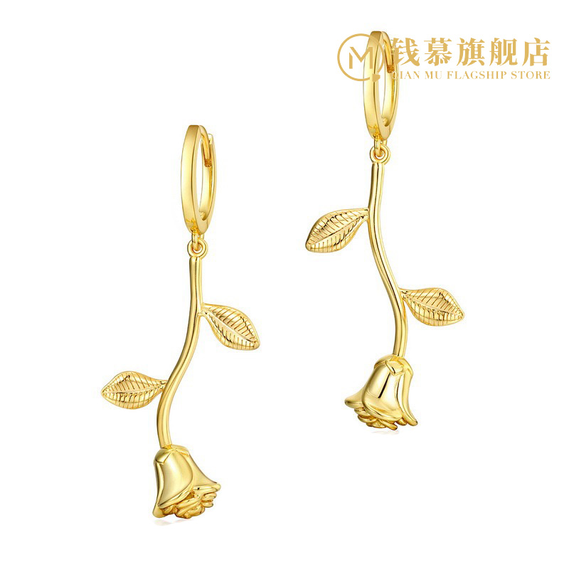 Money Mousse Rose Earrings S925 Pure Silver Plated Yellow Lady Gold Earrings Gold Earbum Retro Luxury Temperament Ear-pin Ears Ornaments