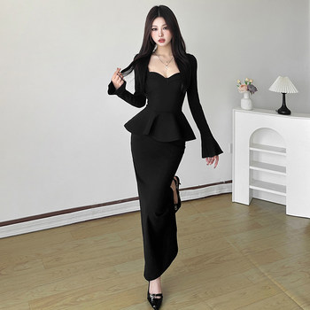 Elegant black square neck long sleeve dress for women