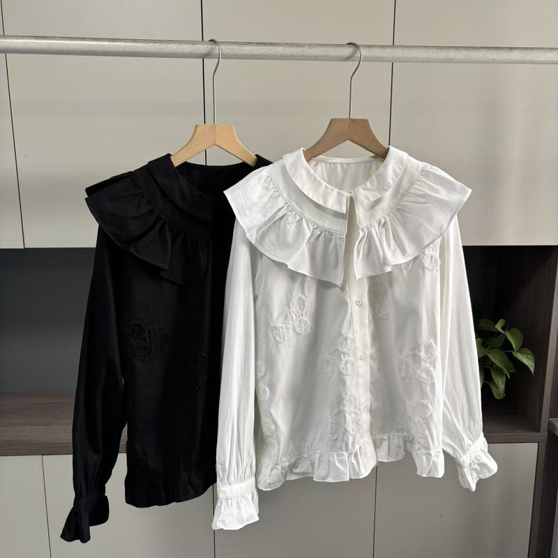 Japanese-Style Dotted Long-Sleeved Shirt 2026 Spring New Age-Reducing Three-Dimensional Cherry Embroidery Lapel Solid Color Shirt for Women