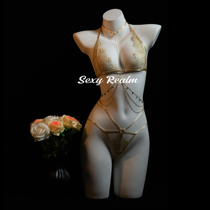 Beyond Sexy'Golden Fantasy' Lace Lingerie Set Hollow Out Women's Nightgown Chest Chain Sensual Qqny Three-Point Style