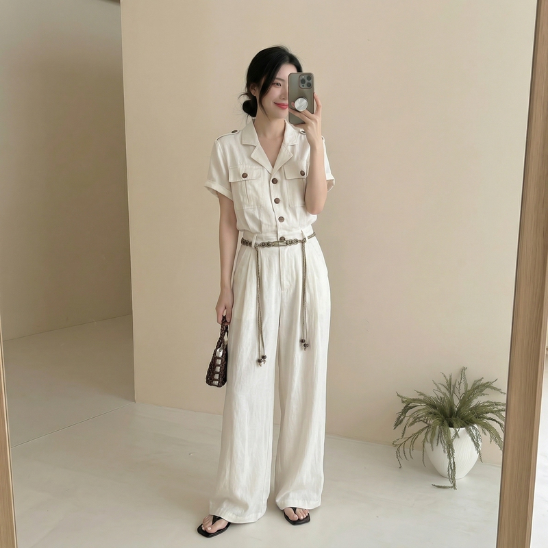 Summer New Style Old Money Style Jumpsuit for Women, Waist-Cinching Wide-Leg Workwear Pants, High-End Relaxed and Stylish One-Piece Long Pants
