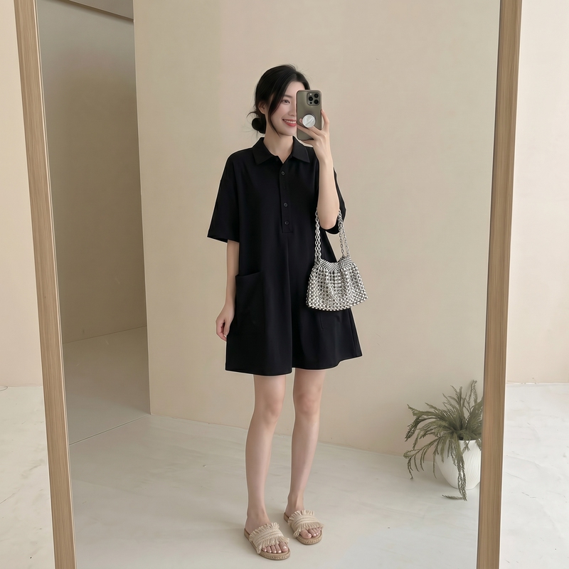 Black Polo Collar Jumpsuit for Women, Summer 2026, Loose Fit, Slimming, Age-Reducing, Casual Short-Sleeved Mid-Length Jumpsuit