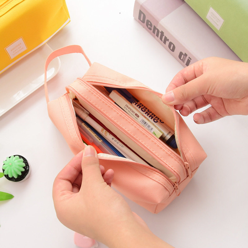 Simple solid color pencil bag small fresh male and female student canvas large capacity double-layer zipper storage bag pencil stationery box