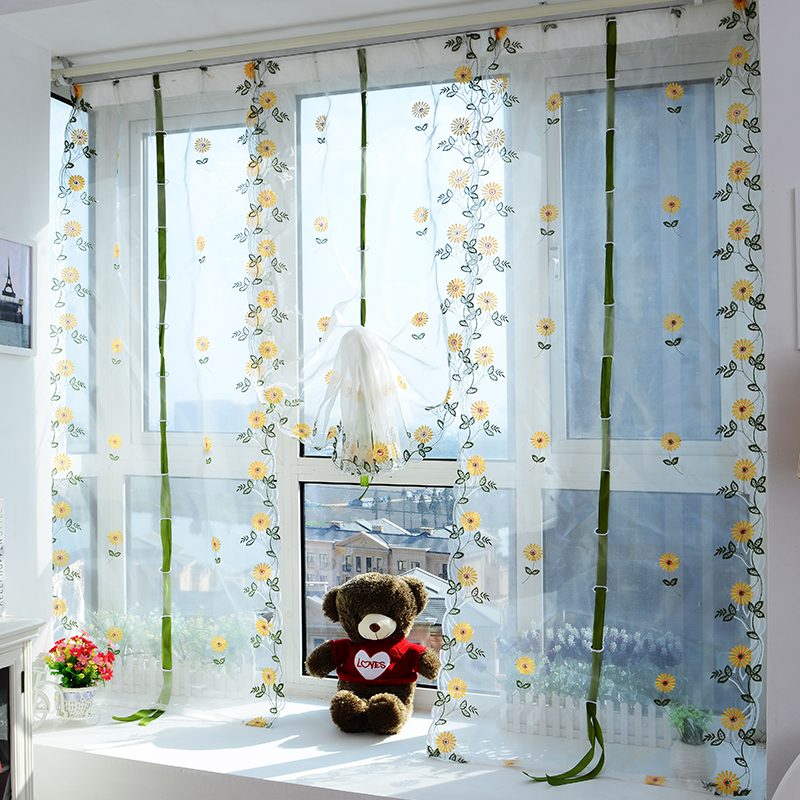 Yellow Daisy (Roman Curtain Velcro)Velcro window curtains No punching install Internet celebrity window screening Gauze Butterfly curtain Roman blind kitchen Small window Lifting curtain