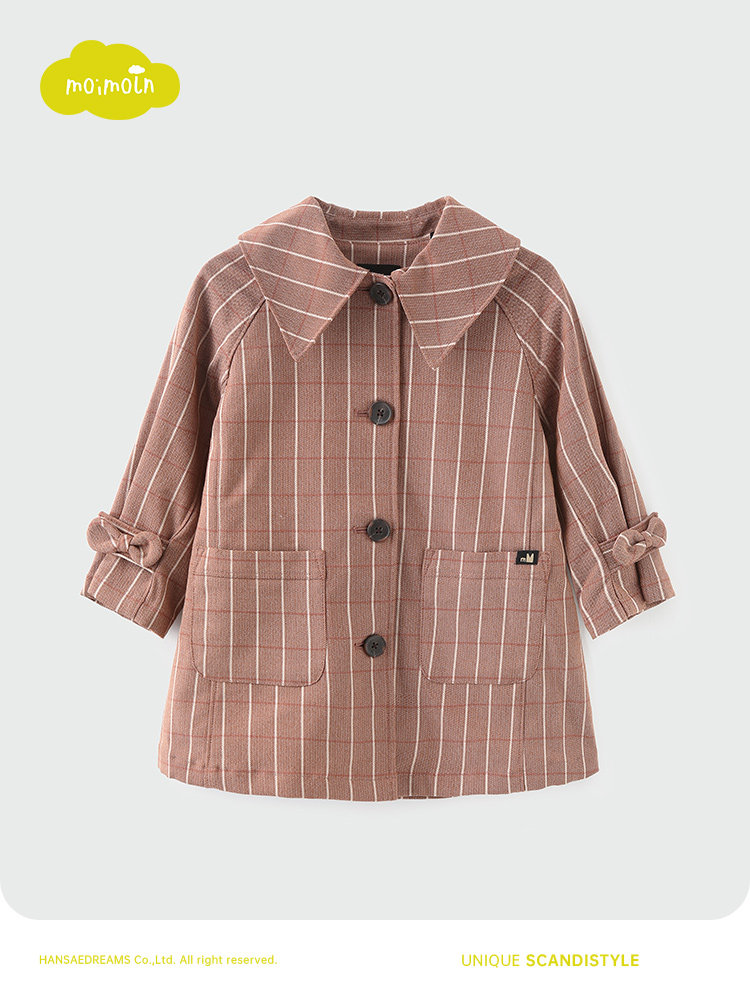 Moimoln Xiaoyunduo children's clothing spring and autumn new female treasure striped mid-length version of the lapel trench coat British coat coat