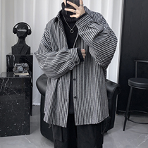 Autumn Winter Thickened Striped Shirt Male long sleeve Korean version Trend handsome Tide Handsome ins Port Wind Day Shirt Jacket Man