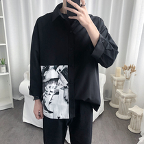 Korean style heart design sense of seven-point sleeve printed shirt men Korean version of the trend handsome loose very fairy shirt men