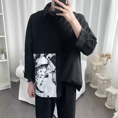 Korean style ingenious design sense of three-point sleeve printed shirt men's Korean version of the trend handsome loose very fairy shirt men