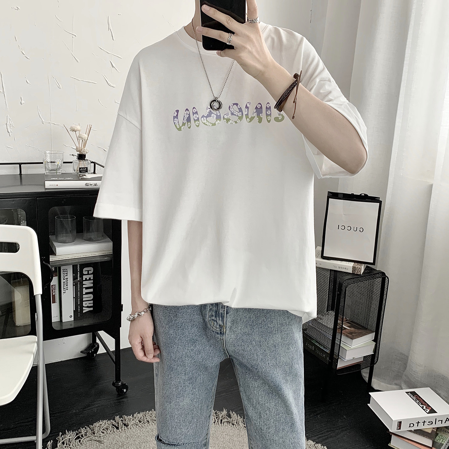 Men's 2020 new guys short sleeves T-shirt male tide card trend easing ins 100 lap blouses men's summer clothes