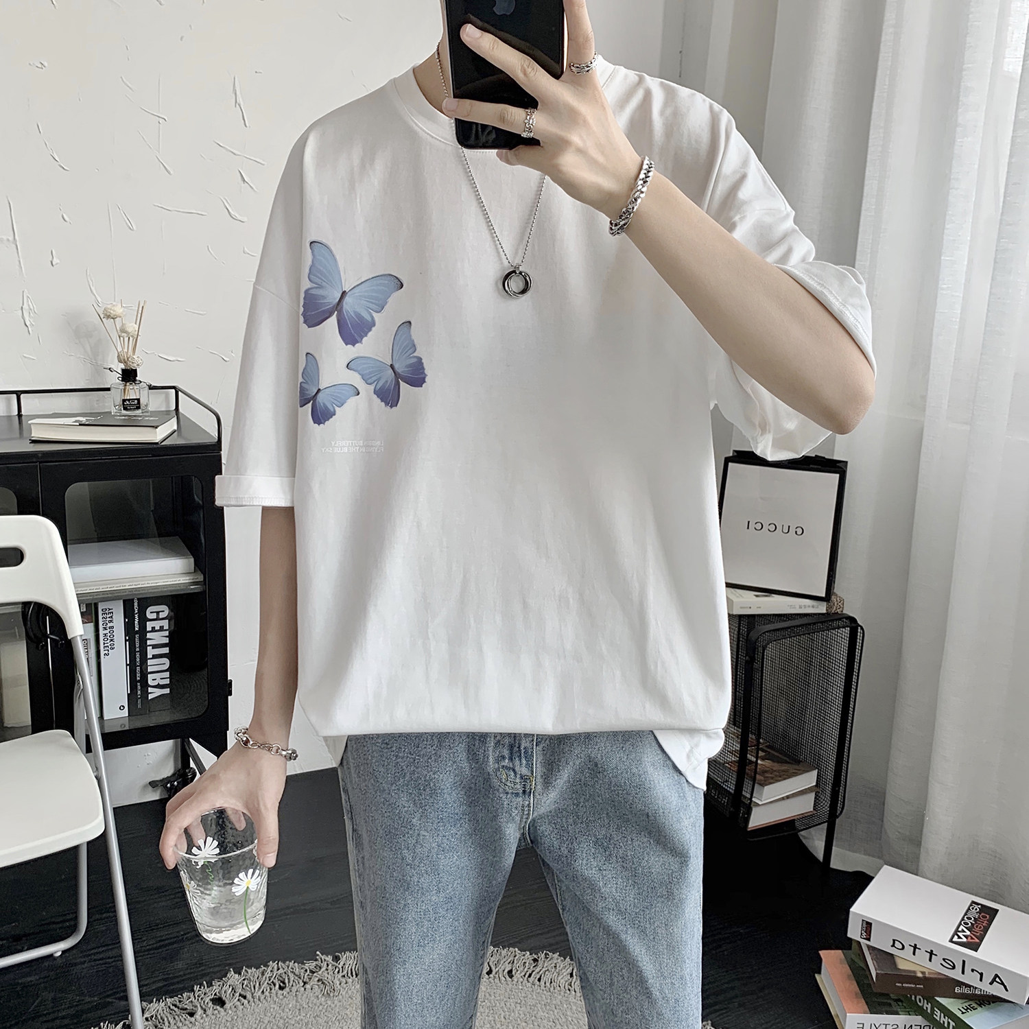 2021 new summer butterfly print lovers short sleeve t-shirt male tide card trend easing ins 100 lap t-shirt clothing