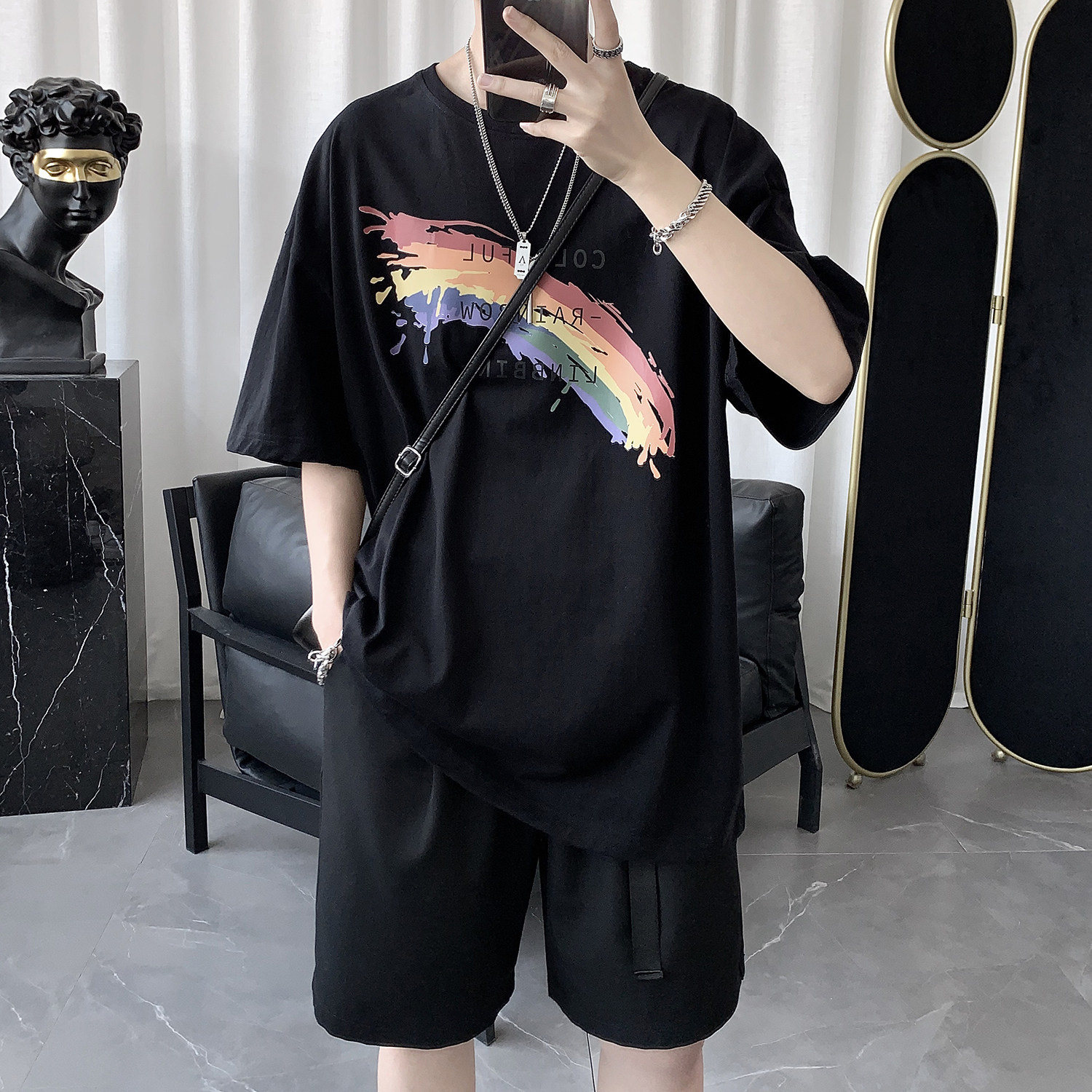 Dark Department Men's Summer Rainbow Stamp Short sleeves T-shirt Male Tide Cards Tide ins Port Wind Half Sleeves Clothes Men