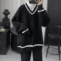 Net red Coloured V collar sweater for mens autumn and winter stitchings for mens spring and autumn loose trends ins 100 lap blouses