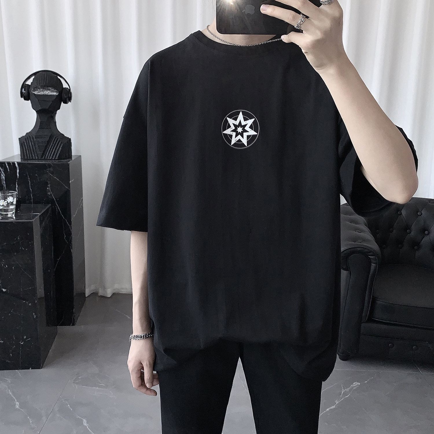 Dark Ensemble Men's Summer Brief About 100 Hitch A Guy Short Sleeve T-shirt Male Tide Card Trend Loose Handsome half sleeve clothes