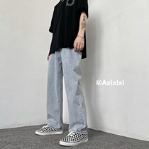 2021 New street hip hop retro High Street Tide Cards Light Color Jeans Male Straight Barrel Loose Students Tug Pants