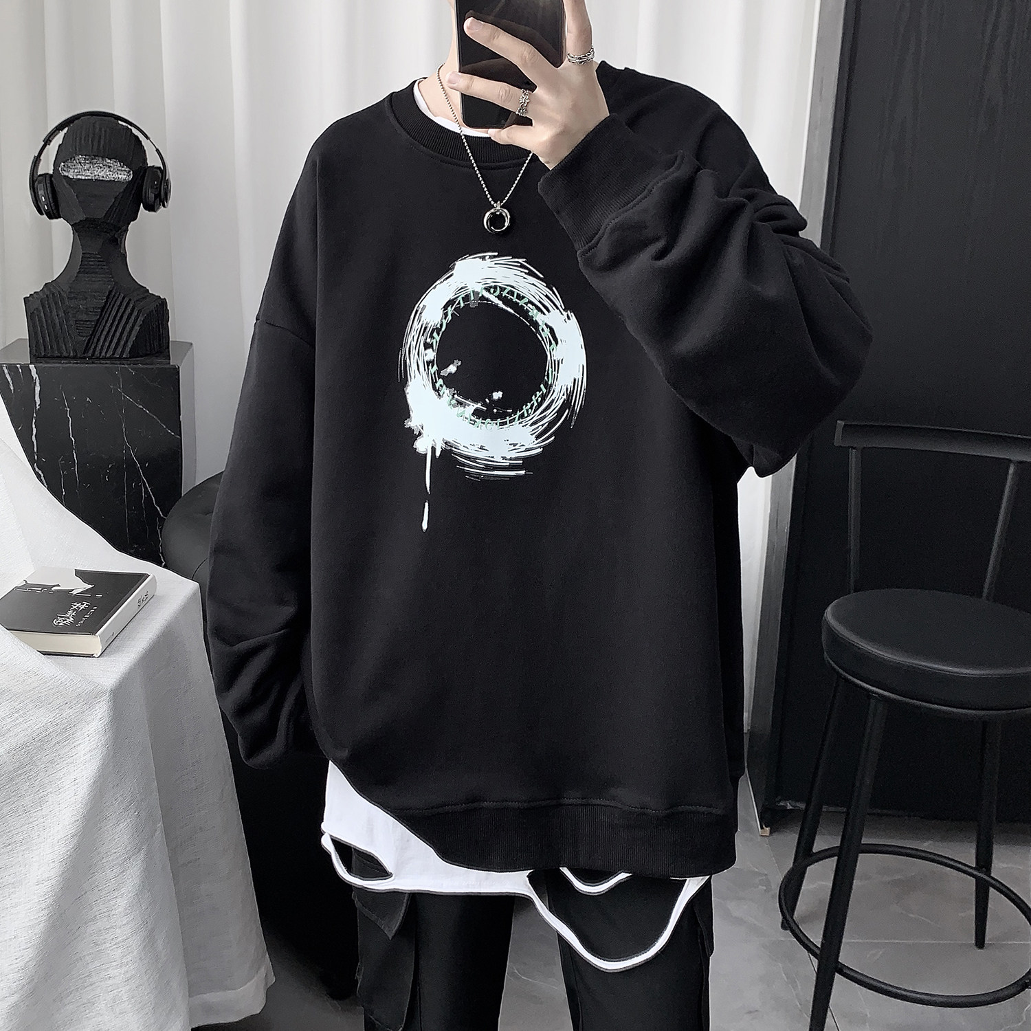 2020 autumn round neck thick cotton T men's ins tide brand trend printing top clothes loose student men's coat