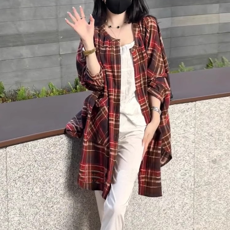 Light Luxury High-End Shirt Tops for Women 2026 Spring and Summer New Loose Casual Printed Mid-Length Cardigan with Large Pockets