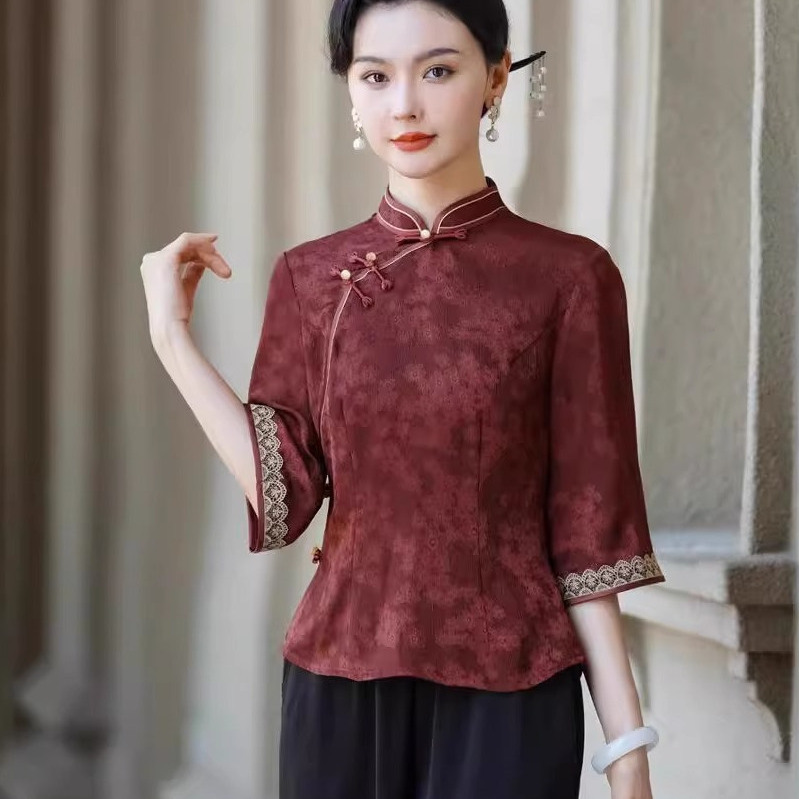 New Chinese-Style National Trend Women's Three-Quarter Sleeve T-Shirt with Frog Buttons, Improved Cheongsam Embroidery Top, Slim-Fit and Elegant Blouse
